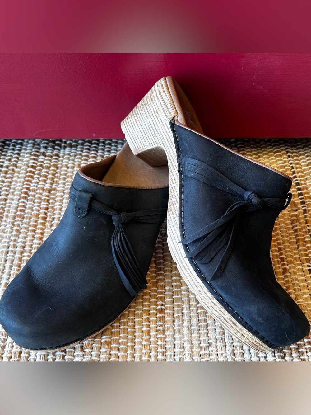 DANSKO Black Leather Tassel Clog Mule